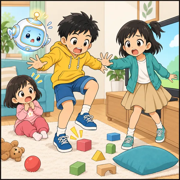 ジャンプしかけたハルがおもちゃをふみそうになり、妹とミオがびっくりしている。