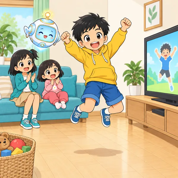 片づいた広いリビングでハルがジャンプし、妹とミオがソファで応援している。