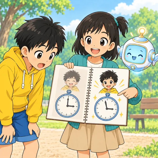 ミオとアイが、去年の記録が書かれたハルのノートを見せている