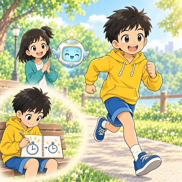 次の日。ハルが自分のタイムをノートに書きこみ、前向きな顔で走る練習をしている