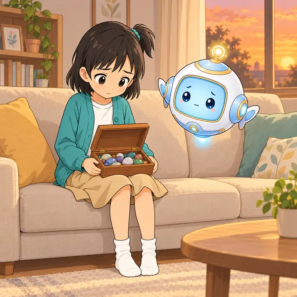 ミオが、石の入った箱を前に元気のない顔をしている。