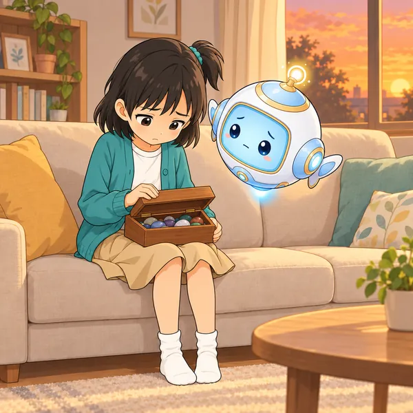 ミオが箱のふたを閉めかけて、うつむいている。