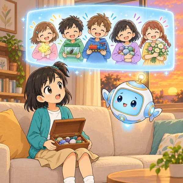 AIロボットが、いろいろな好きなものを持った子どもたちの絵を見せている。
