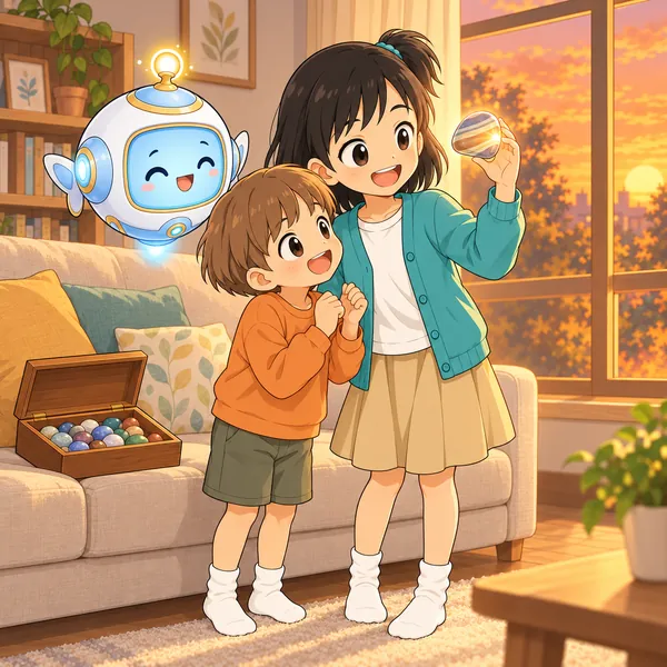 ミオが弟に、石を夕日にかざして見せている。