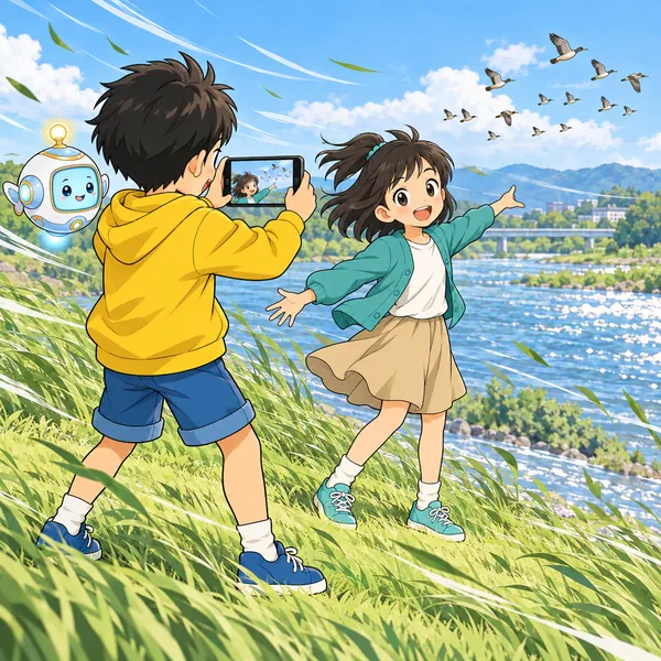 風の強い川原で、ミオが話し、ハルがスマホで撮っている。草が大きくゆれている。