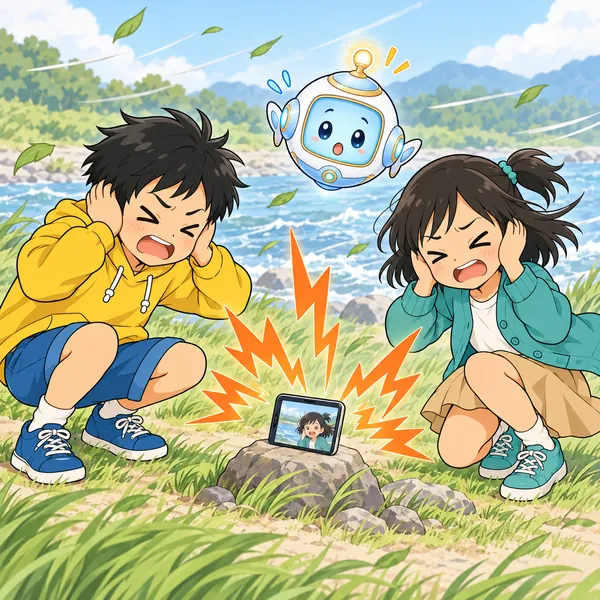 撮った動画からぎざぎざの大きな音が出て、ハルとミオが耳をおさえている。