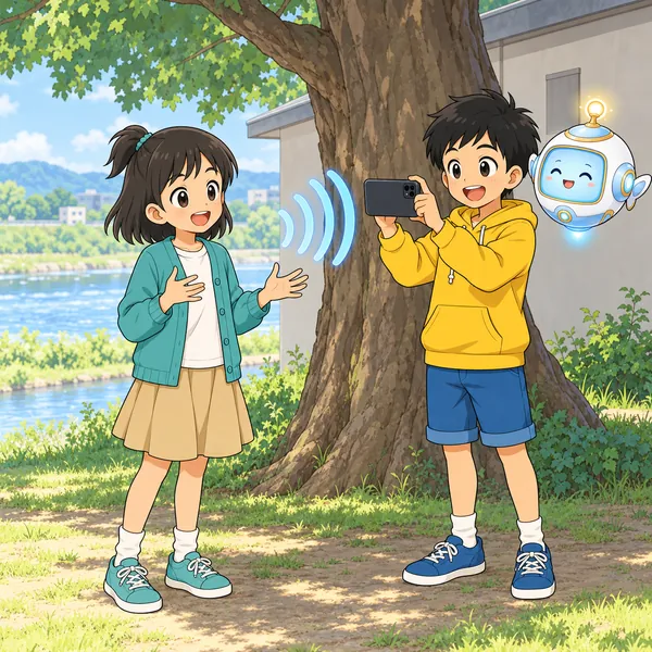 木のかげに移ってミオが話し、なめらかな音になって、ハルとAIロボットが笑っている。