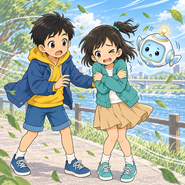 風の強い川ぞいの道で、ミオがふるえ、上着のハルがおどろいている。