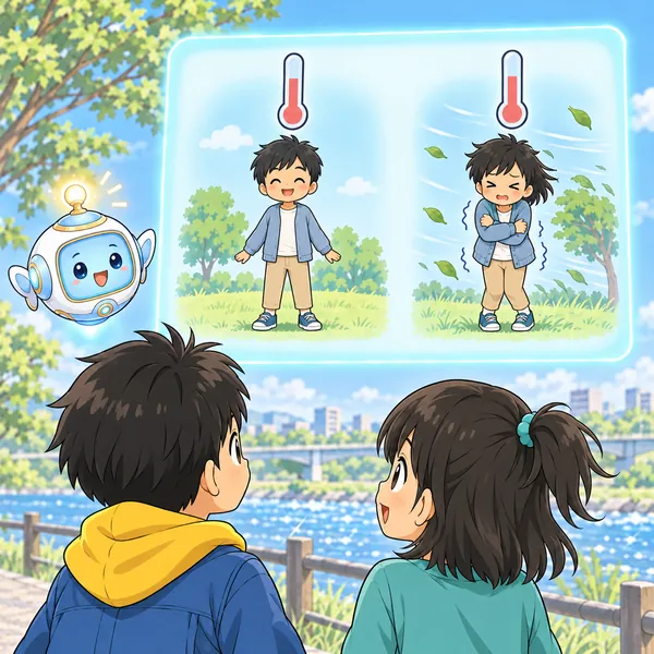 AIロボットが、同じ気温で風のない子と風でふるえる子の絵を窓に見せている。