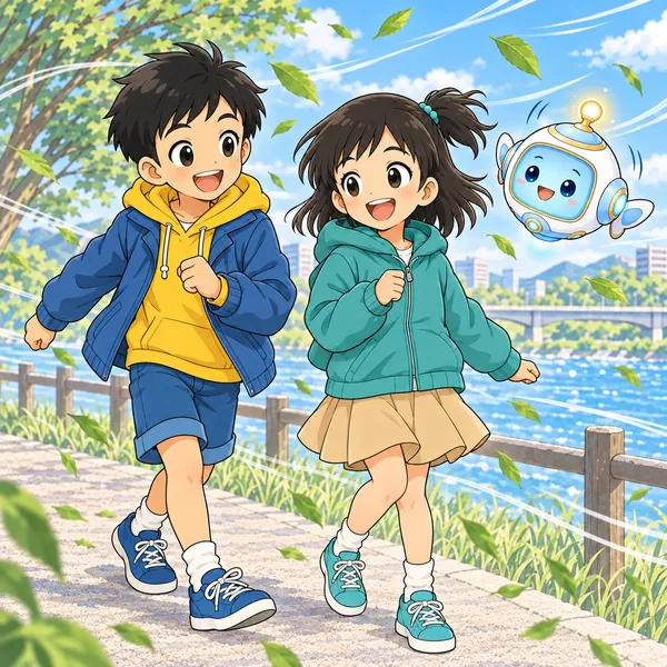 風の中、フードつきの上着のミオがハルと元気に歩いている。