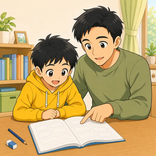 4コマ「家族で勉強」の3コマ目