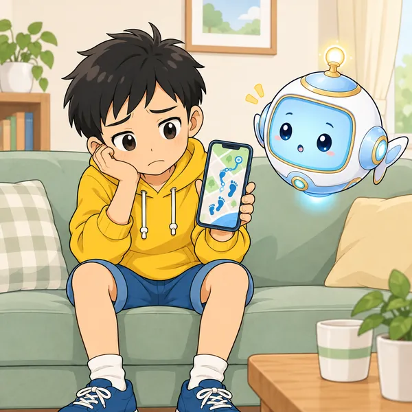 リビングで、ハルがひとりで歩く記録の画面を見てつまらなそうにしている。