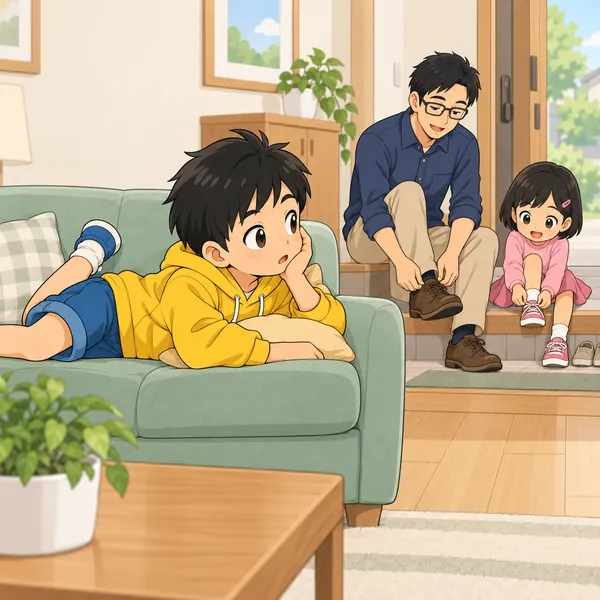ソファでごろんとするハルの前で、お父さんと妹が出かける準備をしている。