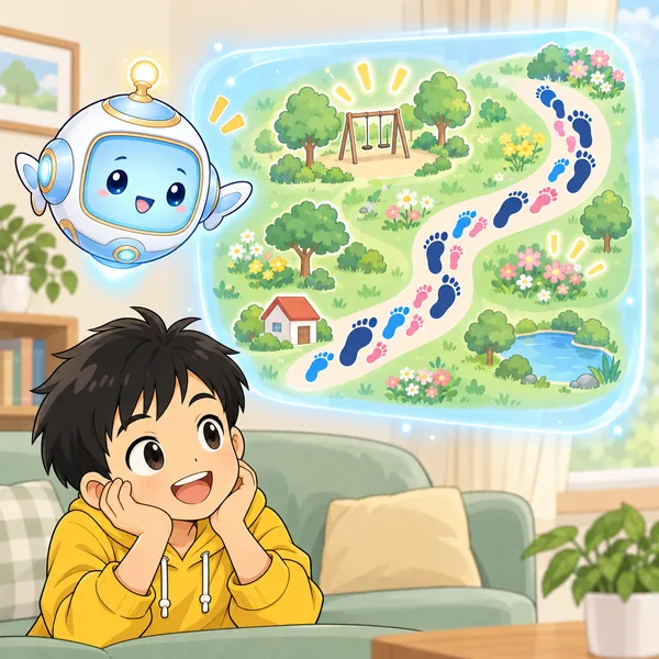 AIロボットが、家族の足あとと花や公園の絵がある地図の道を窓に見せている。