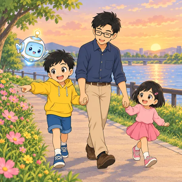夕方の川ぞいの道を、ハルとお父さんと妹が手をつないで歩き、ハルが花を指さして笑っている。