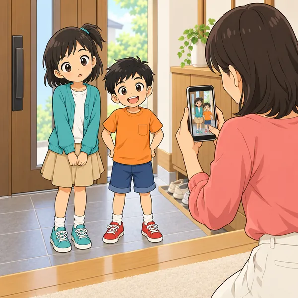 玄関で、ミオのお母さんがスマートフォンでミオと小さな弟の写真を撮っている。