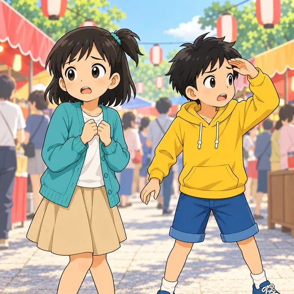 お祭りの人ごみで、弟が見当たらずミオが不安そうに見回し、ハルも探している。