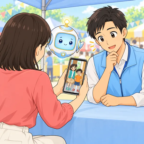 案内テントで、お母さんがスマートフォンの写真を係の人に見せ、係の人がうなずいている。