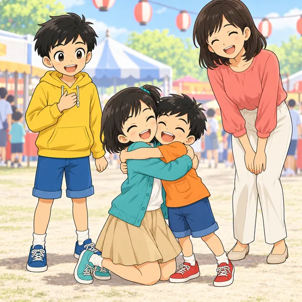 見つかった弟をミオがだきしめ、ハルとお母さんがほっとしている。