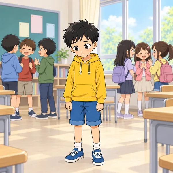 休み時間。ハルが一人でぽつんと立っている