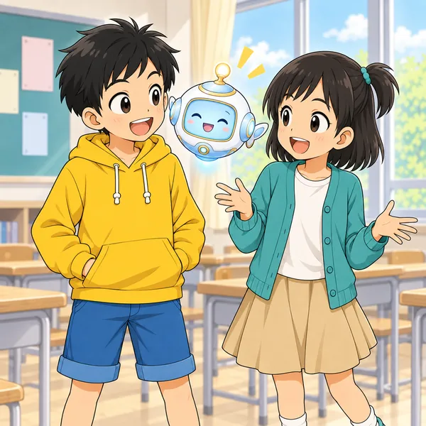 ミオが自然にハルのところへ来て話しかけ、二人で笑っている