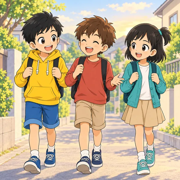 放課後。ハルとミオと、もう一人の友だちの3人で、楽しそうに帰り道を歩いている