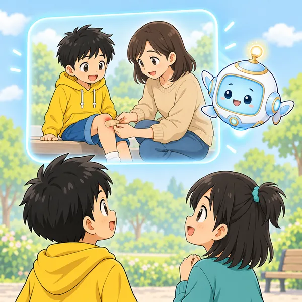AIロボットが、子どもがけがを大人に見せて手当てしてもらう絵を窓に見せている。