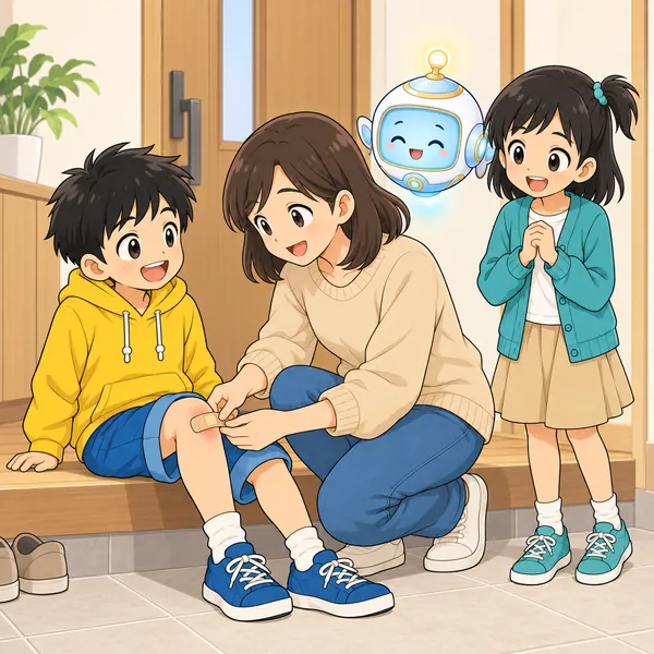 玄関でお母さんがハルのひざにばんそうこうをはり、ハルがほっとした笑顔になっている。