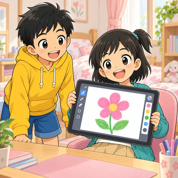 ミオがお絵かきアプリで描いた花の絵を、うれしそうにハルに見せている。
