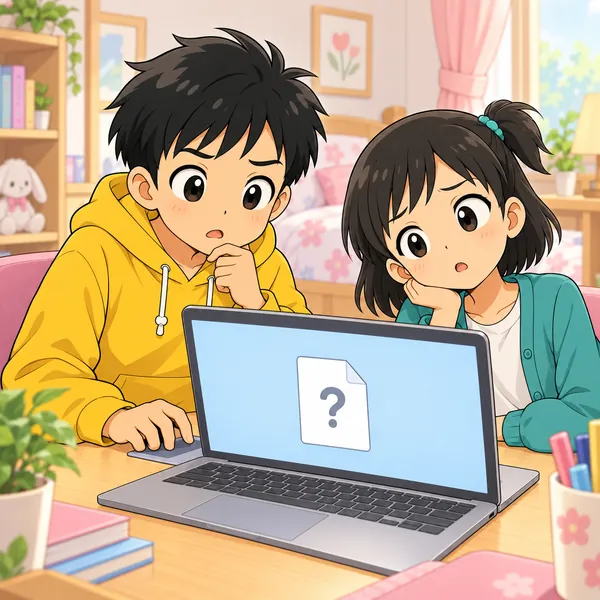 ハルのパソコンで絵を開こうとすると、?マークの付いた白い紙だけが出て、ミオが首をかしげている。