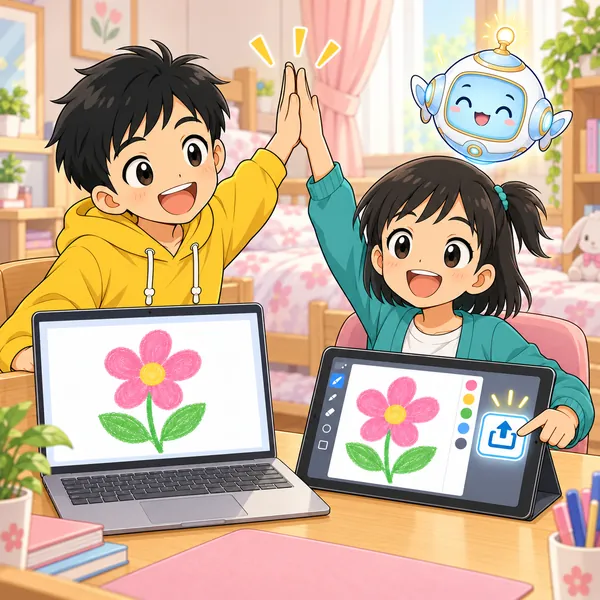 ハルのパソコンで花の絵が開き、ハルとミオがハイタッチしている。