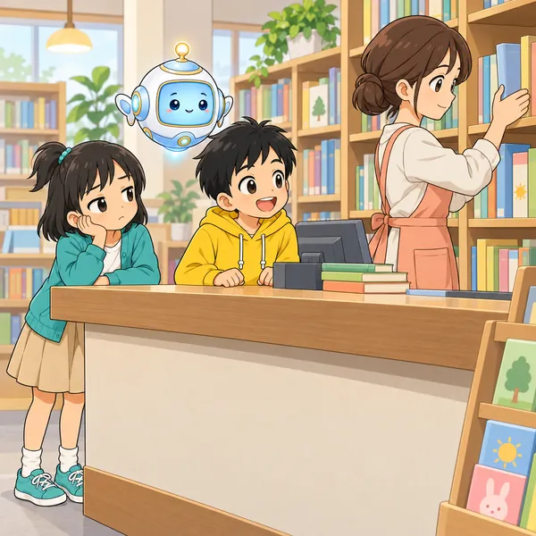 図書館の見学で、本を並べる人をミオがつまらなそうに見ている。