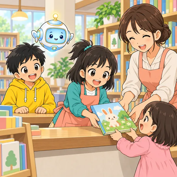 体験の日、ミオが図書館の人といっしょに、小さな子に本を手わたして喜ばれている。