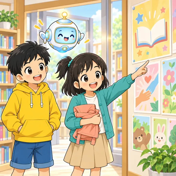 ミオが図書館の出口で、笑顔でほかの体験を探そうとしている。