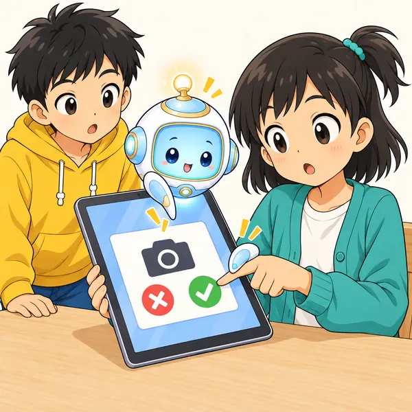 アイがミオの手をやさしく止めて、画面の内容を指さしている