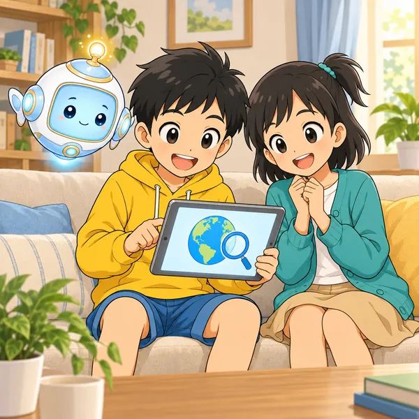 リビングで、ハルがタブレットで調べものをして楽しそうにしている。ミオとAIロボットがそばにいる。
