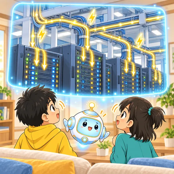 光の窓の中で、機械の棚に電気の光が流れこんでいる。ハルとミオがうなずいて見ている。
