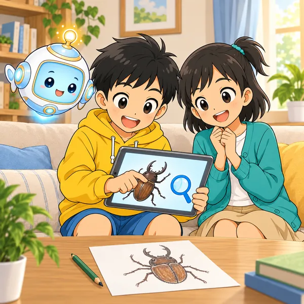 ハルが知りたい虫の絵を描いてから検索し、ミオとAIロボットが笑顔で見ている。