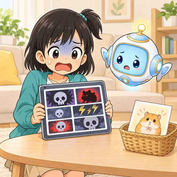 ミオが、ハムスターの危険を検索して、こわい話ばかりに青ざめている。