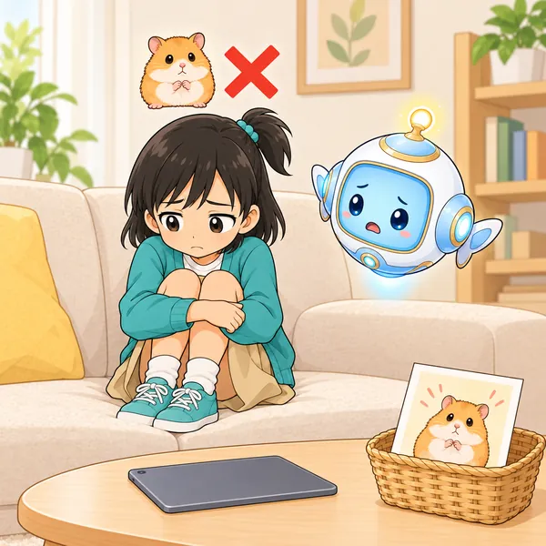 ミオが、飼うのをやめたほうがいいのかとしょんぼりしている。