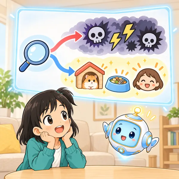 AIロボットが、こわい話の道と、いろいろな話がまざった道を見せている。