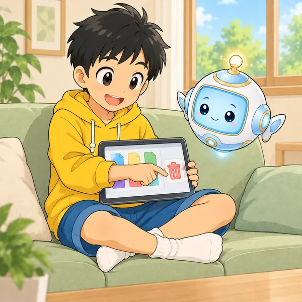 ハルが、とちゅうでやめたゲームのファイルを消そうとしている。