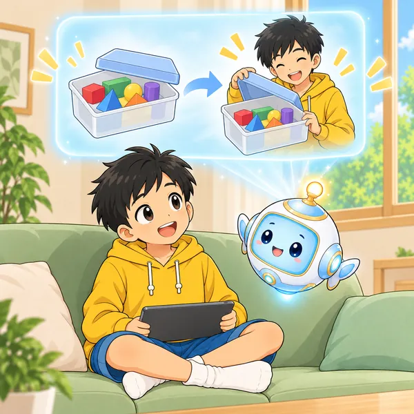 AIロボットが、作りかけの作品を箱にしまい、未来の子がまた開ける絵を見せている。