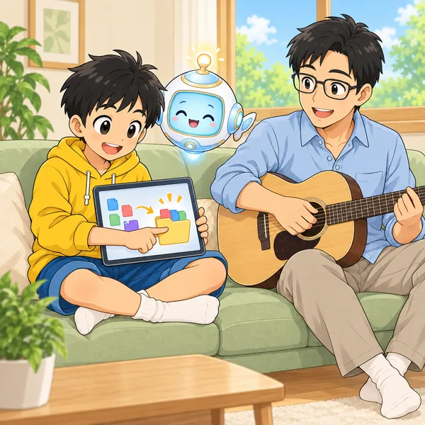 ハルがファイルをまとめて残し、そばで父がギターを持って笑っている。