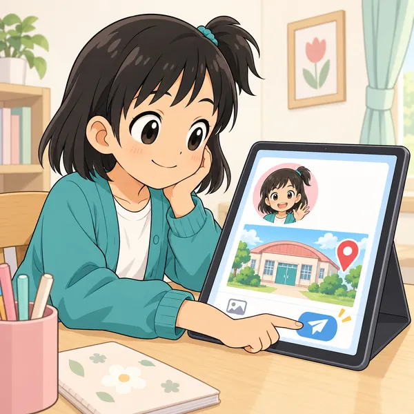 ミオが投稿しようとしている画面に、自分の名前と通っている場所が入っている