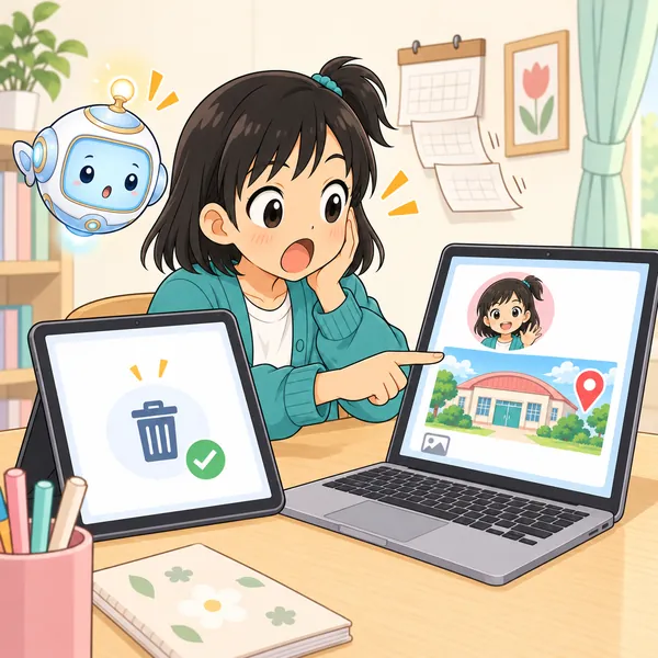 数日後。ミオが投稿を消したのに、別の場所にそのまま残っているのを見つけて驚いている