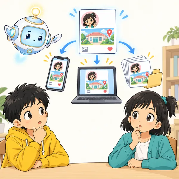 アイが浮かび、一度出たものが別の人の端末や記録に写し取られていくイメージを見せている