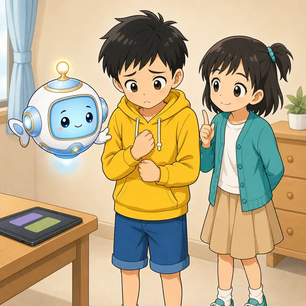アイがハルのそばに浮かび、やさしく諭している