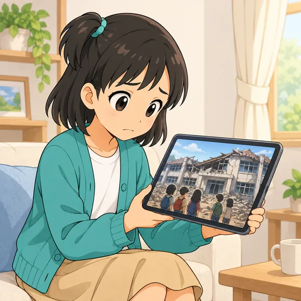 ミオがタブレットで、遠い国のこわれた学校の前に立つ子どもたちのニュース写真を見て、悲しそうな顔をしている
