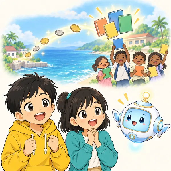 アイが浮かび、コインが海を越えて飛んでいき、遠くの子どもたちの手元で教科書やノートに変わる様子を、やわらかい想像の場面として見せている